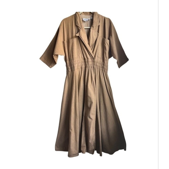 Perry Ellis America Dresses & Skirts - VTG Perry Ellis America Tan Brown Collared Denim Maxi Faux Wrap Dress Cotton